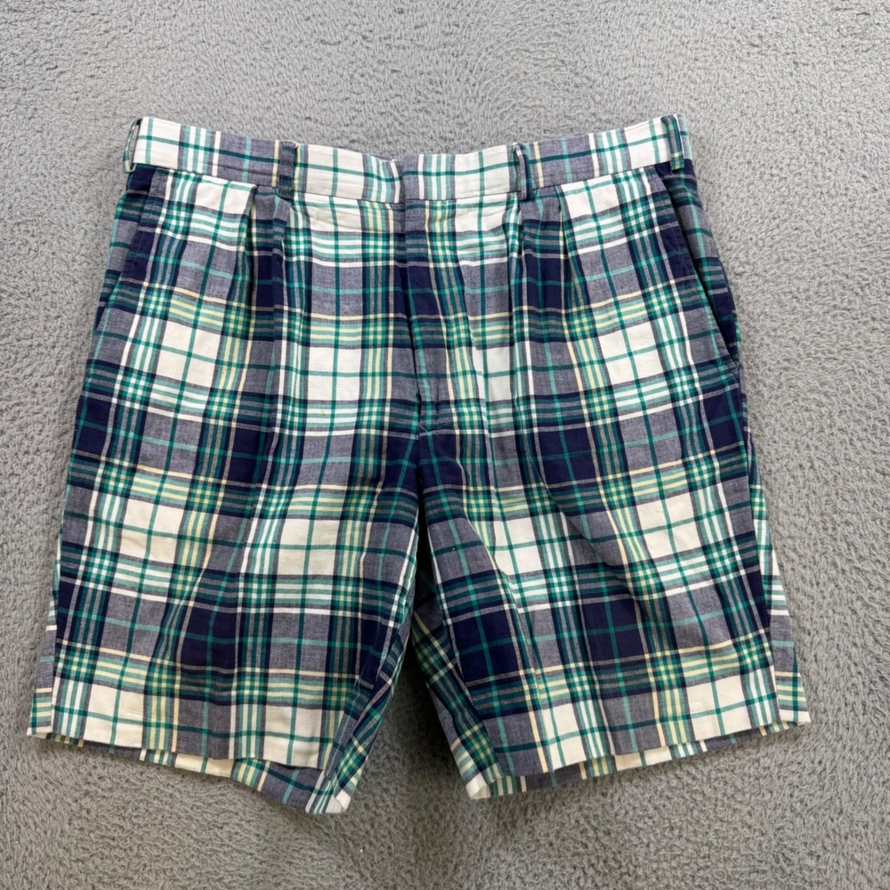 English Sports Shop Bermuda Mens 38 Madras Plaid Pleated Cotton Shorts Blue